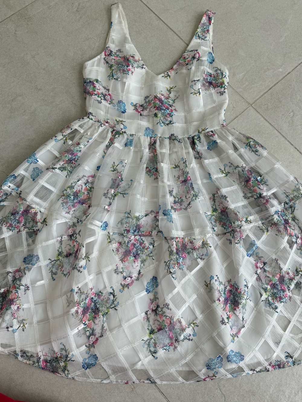 Maeve White Floral Mesh V-Neck Girls' Dress with Pink and Blue Accents